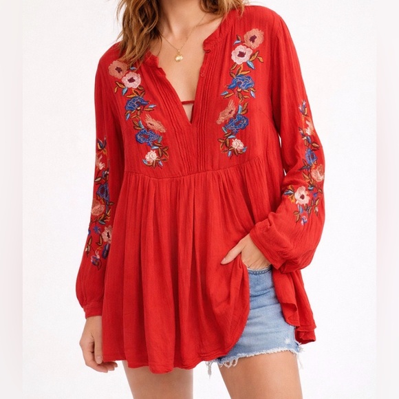Free People Dresses & Skirts - Free People Red Floral Embroidered Boho Tunic Top Small Long Sleeve Peasant